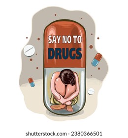 No hay drogas, diseño conceptual. Mujer en un frasco de pastillas. Cartel del Día Internacional contra el Uso Indebido de Drogas. Ilustración de dibujo manual	