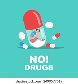 NO Drugs concept. Drug addicted girl. A big jar of prohibited substances. International day protection. World Drug Protection Day. Awareness of people. Vector illustration flat design.