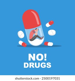 NO Drugs concept. Drug addicted man. A big jar of prohibited substances. International day protection. World Drug Protection Day. Awareness of people. Vector illustration flat design.