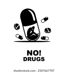 NO Drugs concept. Drug addicted girl. A big jar of prohibited substances. International day protection. World Drug Protection Day. Awareness of people. Vector illustration flat design.