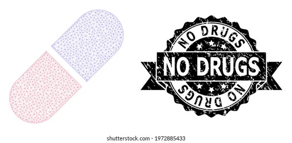 No Drugs corroded seal imitation and vector medication pill mesh structure. Black stamp seal has No Drugs tag inside ribbon and rosette. Abstract flat mesh medication pill, built from flat mesh.