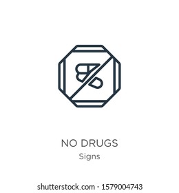 No drugs icon. Thin linear no drugs outline icon isolated on white background from signs collection. Line vector sign, symbol for web and mobile