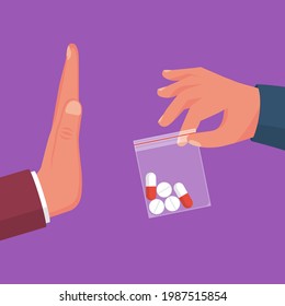 NO Drugs. People With A Gesture Refuse Forbidden Medication. Dealer Holds A Package With Drug Pills In His Hands. Vector Illustration Flat Design. Awareness Of People. Vector Illustration Flat Design.