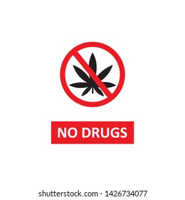 NO DRUGS sign. Crossed out hemp leaf. Vector.