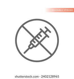 No drugs sign vector line icon. No hormones, no antibiotics with syringe sign.