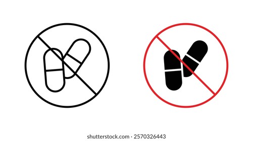 No drugs sign vectors set in black. line and flat versions