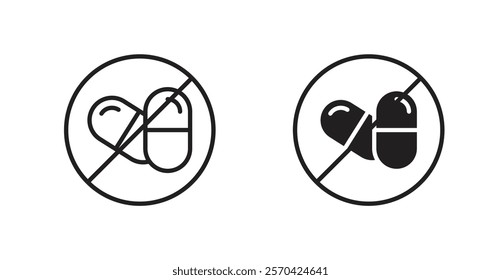 No drugs sign vectors set in black. line and flat versions