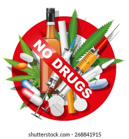 No Drugs, Smoking And Alcohol Sign. Vector Illustration