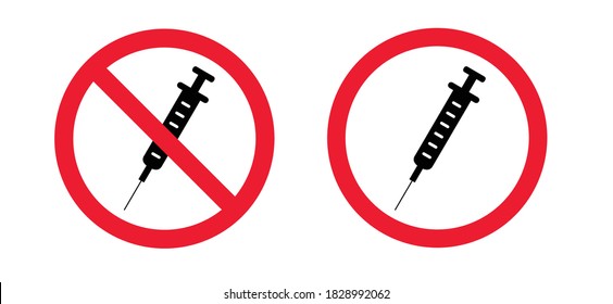 No Drugs. No Syringe. Stop No Injection Needles, Medical Syringe With Needles. Do Not Hypodermic Needle. Prohibition Of Vaccination. Say No. Vector Forbid Drug Pictogram Logo. Needle Spiking