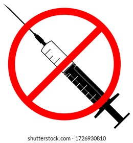 No drugs. No syringe vector icon. Stop vaccination. Say no to vaccination. Refusal of vaccination, drugs, narcotic concept with stop sign icon plastic medical syringe in flat style.