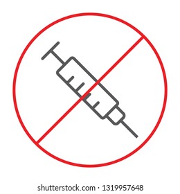 No drugs thin line icon, prohibited and forbidden, no syringe sign, vector graphics, a linear pattern on a white background, eps 10.