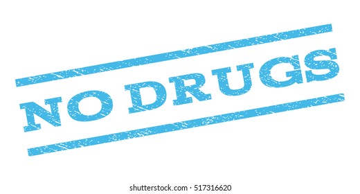 No Drugs watermark stamp. Text tag between parallel lines with grunge design style. Rubber seal stamp with unclean texture. Vector light blue color ink imprint on a white background.