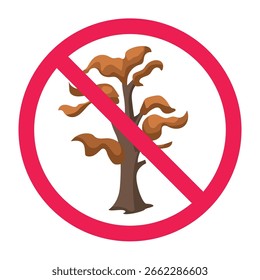 No hay letrero de árbol seco, letrero prohibido con hojas secas de árbol, símbolo prohibido de árbol seco, Ilustración vectorial plana