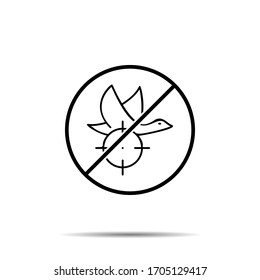 Sin pato, icono de cazador. Línea delgada simple, contorno vectorial de la prohibición de aventura, prohibición, embargo, interdicción, íconos de prohibición para ui y ux, sitio web o aplicación móvil