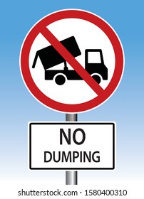 no dumping sign with dumping truck, forbidden garbage disposal, vector illustration 