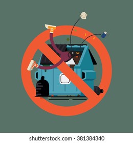 No Dumpster diving allowed funny vector illustration. Salvaging things and items sifting through commercial or residential waste container is prohibited, isolated.