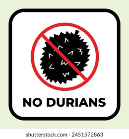 No durians. Fruit with strong potent smell not allowed illustration icon sign with red cross isolated on square white background. Simple flat signage drawing.