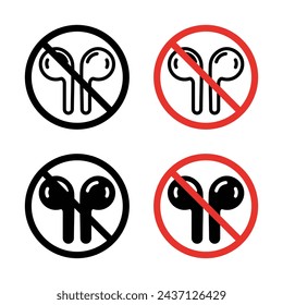 No Se Permiten Auriculares Conjunto De Iconos De Signo. Auriculares de música ban vector símbolo en un estilo negro lleno y perfilado. Signo de zona silenciosa.