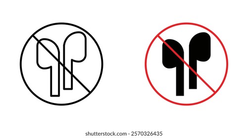 No earbuds allowed sign vectors set in black. line and flat versions