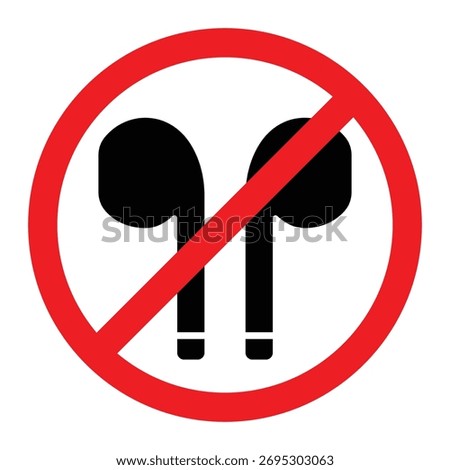 No earphones vector icon. Black headphone silhouette crossed by red prohibition sign. Forbidden earbud use symbol for safety, silence, or restriction notice design.