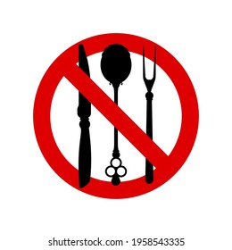 No eating allowed sign. Red prohibition no food sign. Do not eat forbidden round sign. Vector illustration isolated on white.