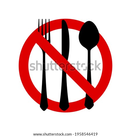No eating allowed sign. Red prohibition no food sign. Do not eat forbidden round sign. Vector illustration isolated on white.