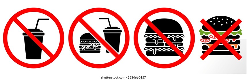 no eating and drinking sign. no fast food icon set. vector eps flat design. 