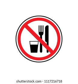 NO EATING OR DRINKING sign. Paper cup with tubule and hamburger icons in crossed out red circle. Vector.