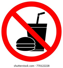 NO EATING OR DRINKING sign. Paper cup with tubule and hamburger icons in crossed out red circle. Vector.