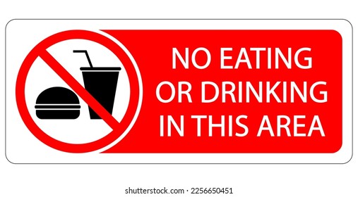 No eating or drinking in this area. Prohibition sign with symbols. Text by right side on red background.