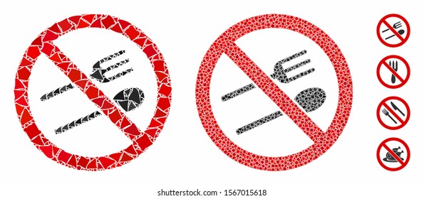 No eating mosaic of raggy pieces in various sizes and shades, based on no eating icon. Vector abrupt parts are organized into mosaic. No eating icons collage with dotted pattern.