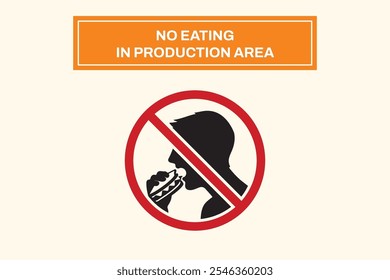 Sinalização "No Eating in Production Area" destinada a garantir a segurança e a higiene no local de trabalho. Ideal para fábricas, instalações industriais e áreas restritas para manter a limpeza e a conformidade.