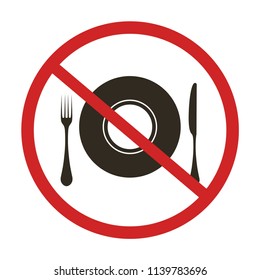 No eating sign, no food or drink. Fork, knife, a plate. Vector illustration