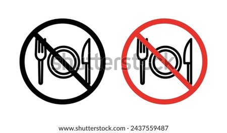 No Eating Sign Icon Set. No Food Consumption Allowed vector symbol in a black filled and outlined style. Dining Prohibition Sign.