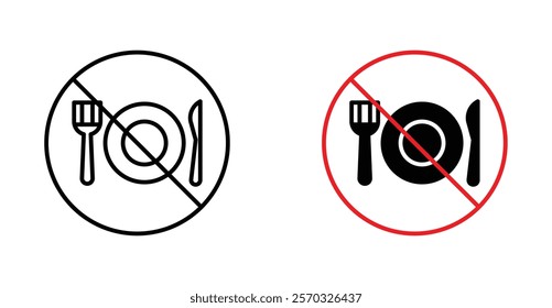 No eating sign vectors set in black. line and flat versions