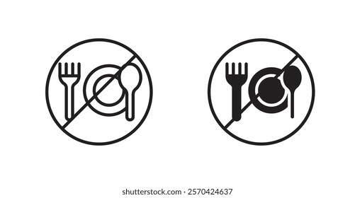 No eating sign vectors set in black. line and flat versions