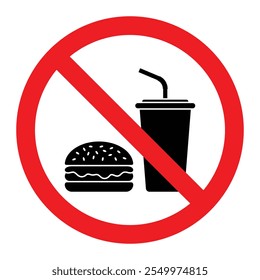 No eating vector sign. No food or drink allowed icon. Do not drink and eat prohibition pictogram. Forbidden symbol with burger, cheeseburger, hamburger, and soda drink cup with straw.