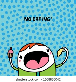 No eating warning sign for comic cartoon man hand drawn vector illustration textured background food diet cake pie