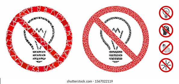 No electric lamp composition of inequal parts in different sizes and color tints, based on no electric lamp icon. Vector raggy elements are organized into collage.