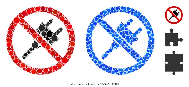 No electric plug mosaic of small circles in variable sizes and shades, based on no electric plug icon. Vector random circles are combined into blue mosaic.