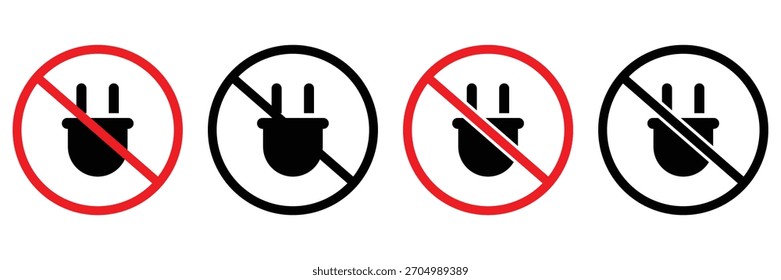 No hay iconos de advertencia de enchufe eléctrico: restricción de energía, enchufe prohibido y seguridad
 Conjunto de Vectores de signo