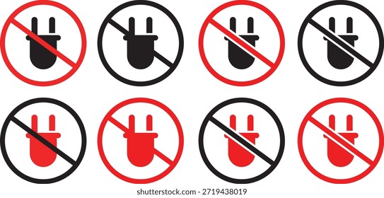 Conjunto de Vector de iconos de advertencia de enchufe eléctrico: enchufe de alimentación prohibido, señales de seguridad y restricción eléctricas.