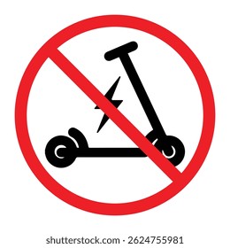 No electric scooter allowed red sign symbol prohibition. No scooter sign icon islated on white background. Riding on scooters is prohibited. Warning red round sign. The sticker. Vector illustration 