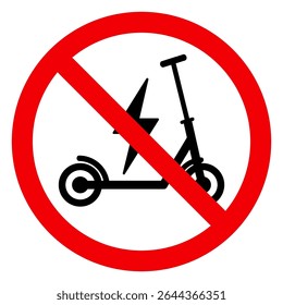 No electric scooter allowed red sign symbol prohibition. Riding on scooters is prohibited. No scooter icon. Warning red round sign