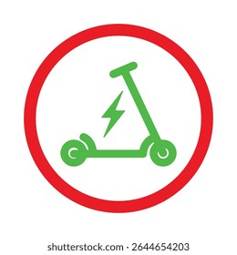 Nenhuma scooter elétrica permitiu proibição de símbolo de sinal vermelho. Nenhum ícone de sinal de scooter isolado no fundo branco. É proibido andar de scooters. Sinal redondo vermelho de aviso. O adesivo. Ilustração vetorial 