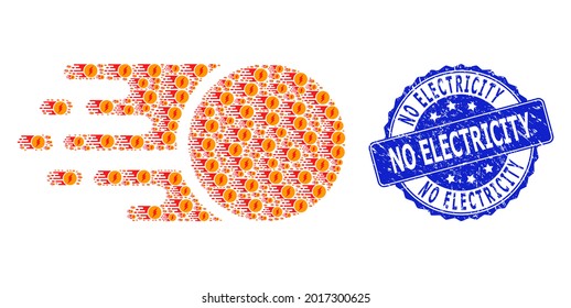 No Electricity dirty round stamp and vector recursive collage electric charge. Blue stamp has No Electricity title inside round shape. Vector mosaic is done of recursive electric charge pictograms.