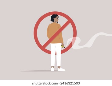 A no electronic cigarette smoking area, a character holding a vape pen in their hand crossed out within a red circle, a cloud of fumes emanating from the gadget