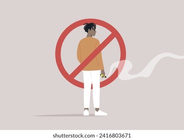 Un área sin cigarrillos electrónicos, un personaje que sostiene un bolígrafo de uva en la mano tachado dentro de un círculo rojo, una nube de humo que emana del gadget