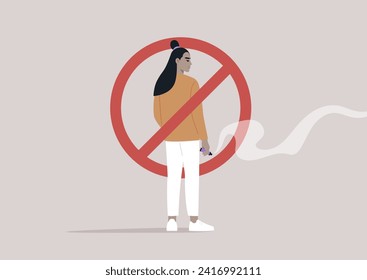 A no electronic cigarette smoking area, a character holding a vape pen in their hand crossed out within a red circle, a cloud of fumes emanating from the gadget
