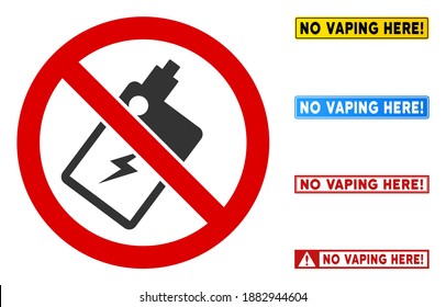 No Electronic Vaping sign with captions in rectangular frames. Illustration style is a flat iconic symbol inside red crossed circle on a white background. Simple No Electronic Vaping vector sign,